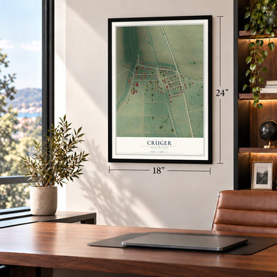 Cruger, Mississippi map, 18 x 24 inch print in a black frame in a home office