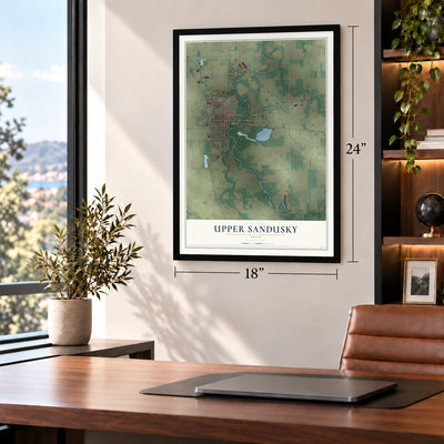Upper Sandusky, Ohio map, 18 x 24 inch print in a black frame in a home office