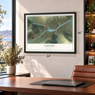 Galeton, Pennsylvania map, 18 x 24 inch print in a black frame in a home office