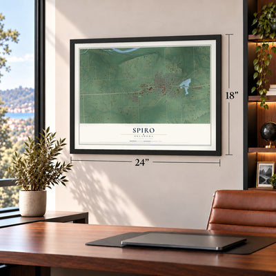 Spiro, Oklahoma map, 18 x 24 inch print in a black frame in a home office