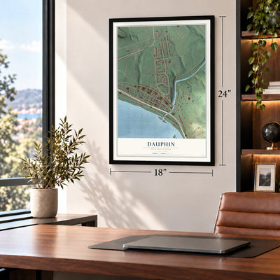 Dauphin, Pennsylvania map, 18 x 24 inch print in a black frame in a home office