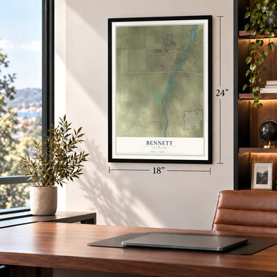 Bennett, Colorado map, 18 x 24 inch print in a black frame in a home office