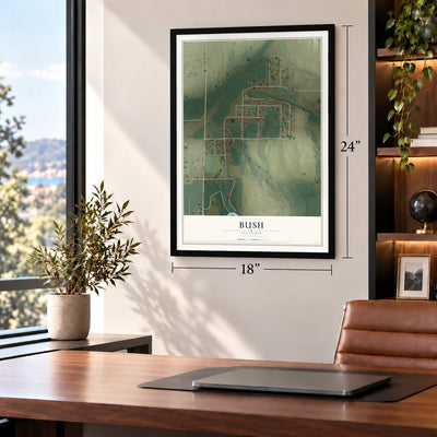 Bush, Illinois map, 18 x 24 inch print in a black frame in a home office