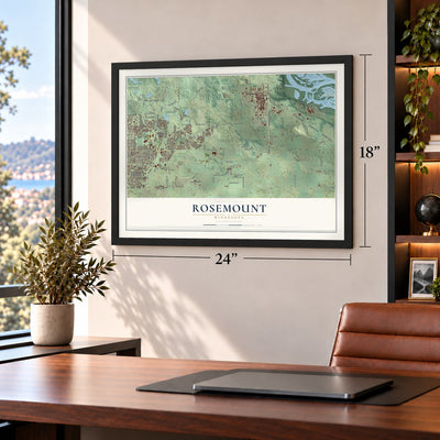 Rosemount, Minnesota map, 18 x 24 inch print in a black frame in a home office