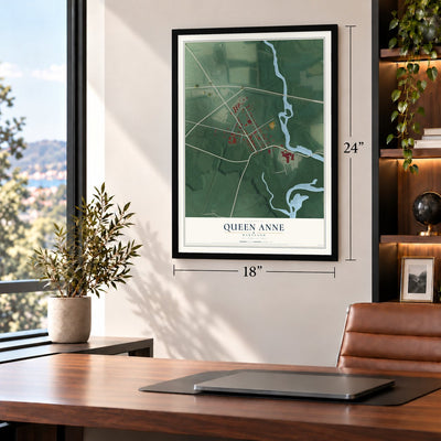 Queen Anne, Maryland map, 18 x 24 inch print in a black frame in a home office