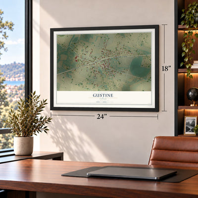 Gustine, Texas map, 18 x 24 inch print in a black frame in a home office