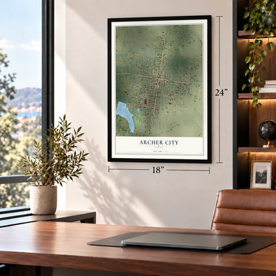 Archer City, Texas map, 18 x 24 inch print in a black frame in a home office