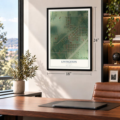 Livingston, Illinois map, 18 x 24 inch print in a black frame in a home office