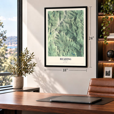 Reading, Vermont map, 18 x 24 inch print in a black frame in a home office