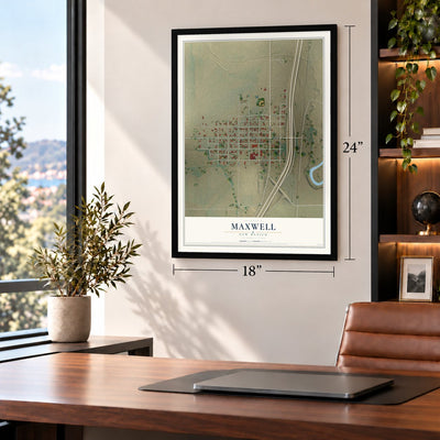 Maxwell, New Mexico map, 18 x 24 inch print in a black frame in a home office