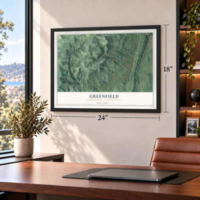 Greenfield, Blair County, Pennsylvania map, 18 x 24 inch print in a black frame in a home office
