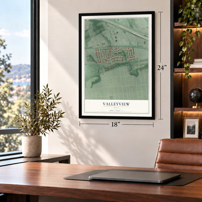 Valleyview, Ohio map, 18 x 24 inch print in a black frame in a home office