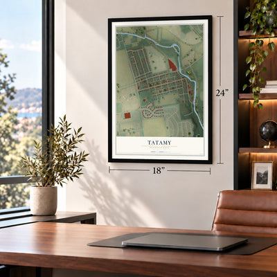 Tatamy, Pennsylvania map, 18 x 24 inch print in a black frame in a home office
