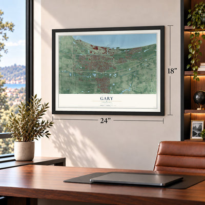 Gary, Indiana map, 18 x 24 inch print in a black frame in a home office