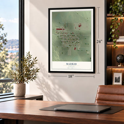 Madrid, Nebraska map, 18 x 24 inch print in a black frame in a home office