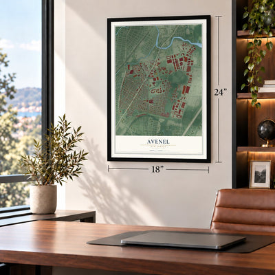 Avenel, New Jersey map, 18 x 24 inch print in a black frame in a home office