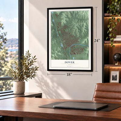 Dover, Ohio map, 18 x 24 inch print in a black frame in a home office