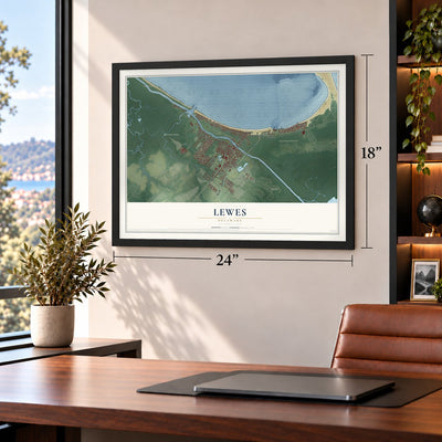 Lewes, Delaware map, 18 x 24 inch print in a black frame in a home office
