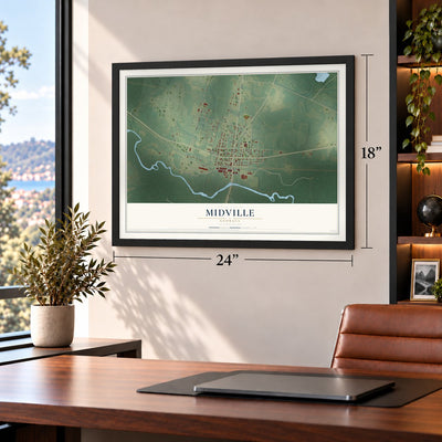 Midville, Georgia map, 18 x 24 inch print in a black frame in a home office