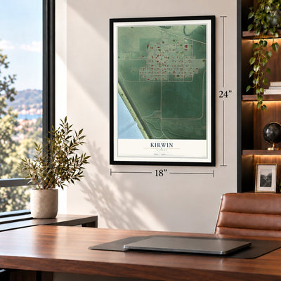 Kirwin, Kansas map, 18 x 24 inch print in a black frame in a home office