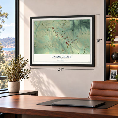 Union Grove, Alabama map, 18 x 24 inch print in a black frame in a home office