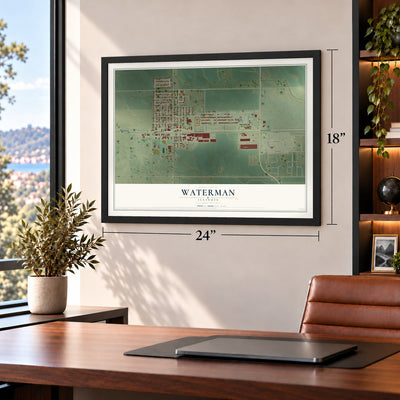 Waterman, Illinois map, 18 x 24 inch print in a black frame in a home office