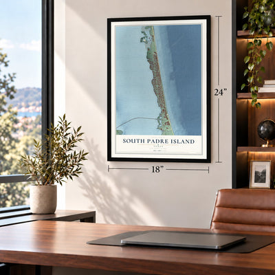 South Padre Island, Texas map, 18 x 24 inch print in a black frame in a home office