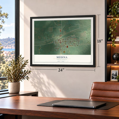 Medina, North Dakota map, 18 x 24 inch print in a black frame in a home office
