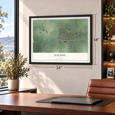 Dalton, Ohio map, 18 x 24 inch print in a black frame in a home office