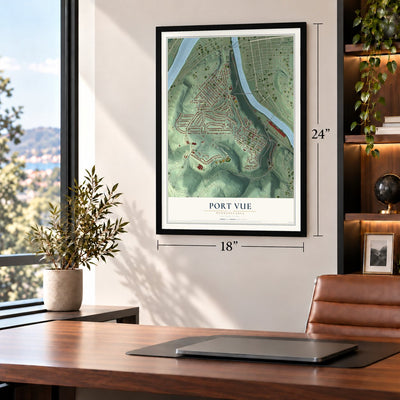 Port Vue, Pennsylvania map, 18 x 24 inch print in a black frame in a home office
