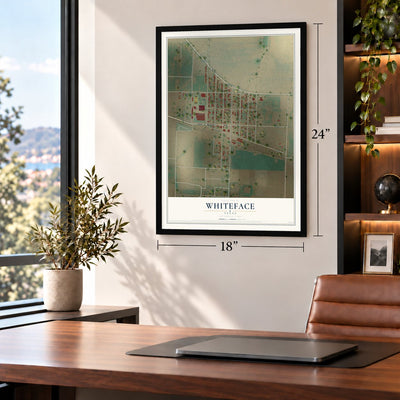 Whiteface, Texas map, 18 x 24 inch print in a black frame in a home office