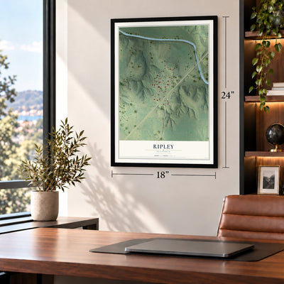 Ripley, Illinois map, 18 x 24 inch print in a black frame in a home office