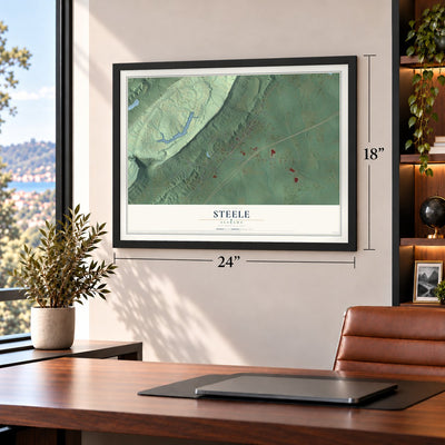 Steele, Alabama map, 18 x 24 inch print in a black frame in a home office