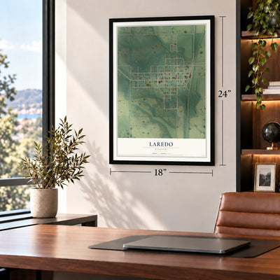 Laredo, Missouri map, 18 x 24 inch print in a black frame in a home office