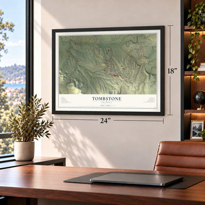 Tombstone, Arizona map, 18 x 24 inch print in a black frame in a home office