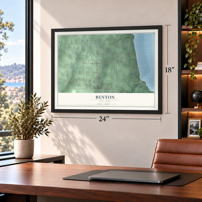Benton, New York map, 18 x 24 inch print in a black frame in a home office