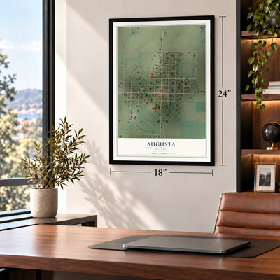 Augusta, Illinois map, 18 x 24 inch print in a black frame in a home office
