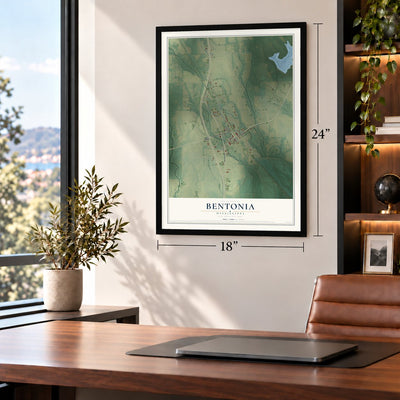 Bentonia, Mississippi map, 18 x 24 inch print in a black frame in a home office