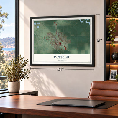 Toppenish, Washington map, 18 x 24 inch print in a black frame in a home office