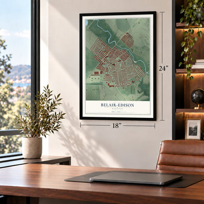 Belair-Edison, Maryland map, 18 x 24 inch print in a black frame in a home office