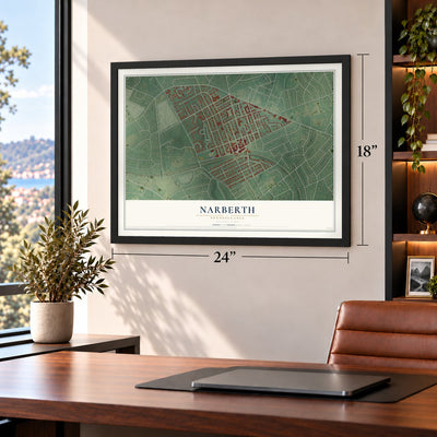 Narberth, Pennsylvania map, 18 x 24 inch print in a black frame in a home office