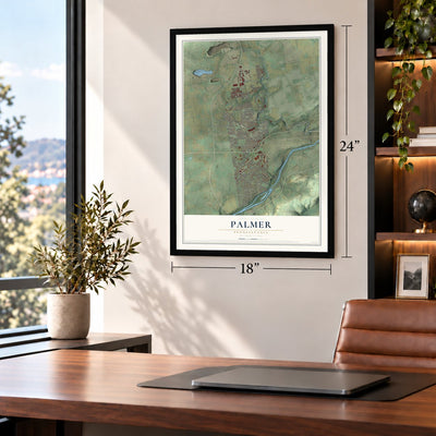 Palmer, Pennsylvania map, 18 x 24 inch print in a black frame in a home office