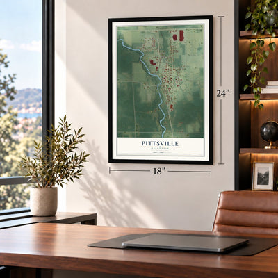 Pittsville, Wisconsin map, 18 x 24 inch print in a black frame in a home office