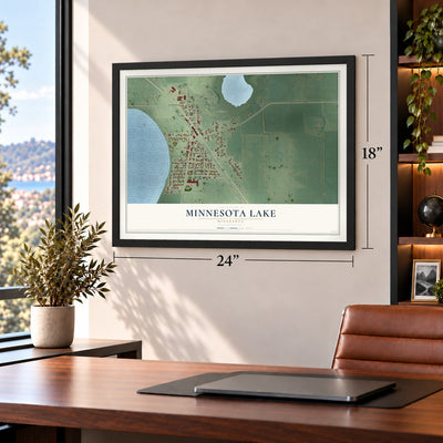 Minnesota Lake, Minnesota map, 18 x 24 inch print in a black frame in a home office