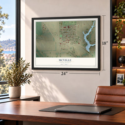 McVille, North Dakota map, 18 x 24 inch print in a black frame in a home office