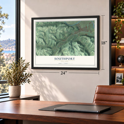 Southport, New York map, 18 x 24 inch print in a black frame in a home office