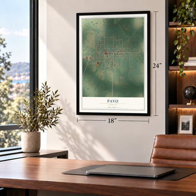 Pavo, Georgia map, 18 x 24 inch print in a black frame in a home office