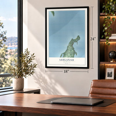 Leelanau, Michigan map, 18 x 24 inch print in a black frame in a home office