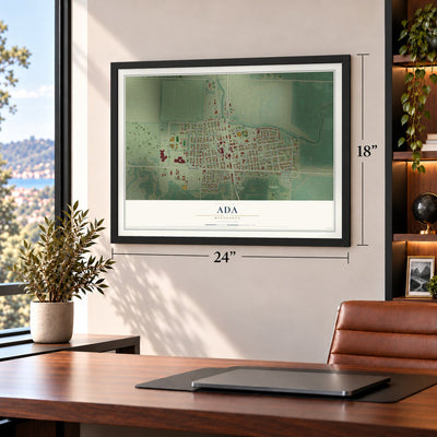 Ada, Minnesota map, 18 x 24 inch print in a black frame in a home office
