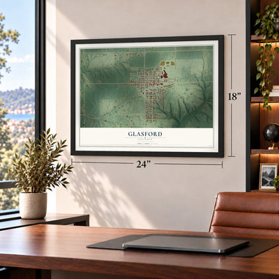 Glasford, Illinois map, 18 x 24 inch print in a black frame in a home office